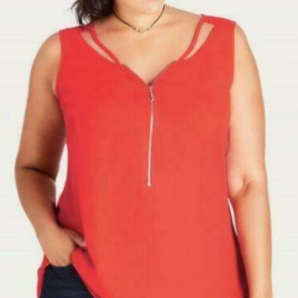 City Chic 14 Womens Top Sleeveless Tank Cutout Coral Zipper Accent Lightweight